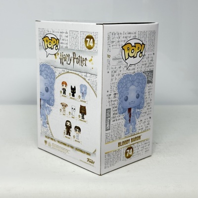 Embalagem Funko Pop Harry Potter Bloody Baron 74 em branco com texto e figura azulada
