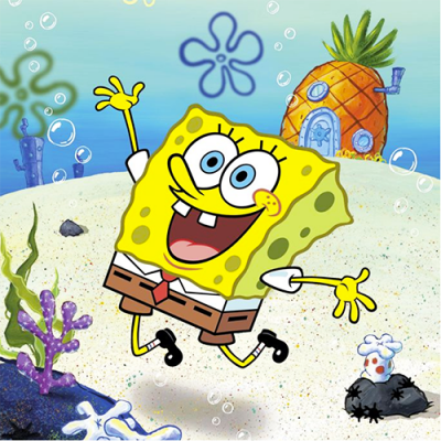 Personagem SpongeBob SquarePants com casa abacaxi ao fundo em cenário subaquático