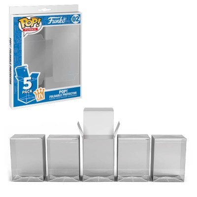 Conjunto de cinco protetores dobráveis transparentes para caixas Funko Pop com embalagem azul e branca.