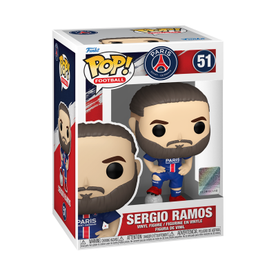 Figura Funko Pop! Sérgio Ramos com uniforme Paris Saint-Germain azul em caixa com janela transparent