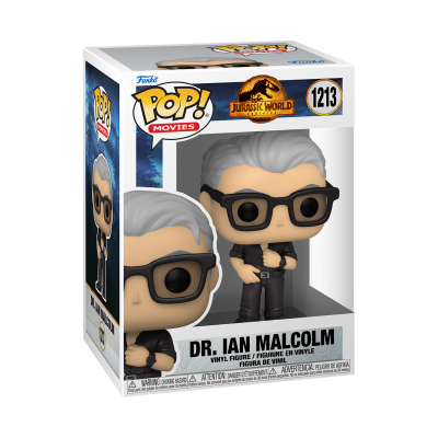 Figura Funko Pop Dr. Ian Malcolm da série Jurassic World na embalagem