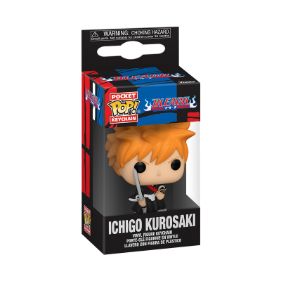 Figura chaveiro de Ichigo Kurosaki da série Bleach numa caixa preta com detalhes vermelhos e azulados.