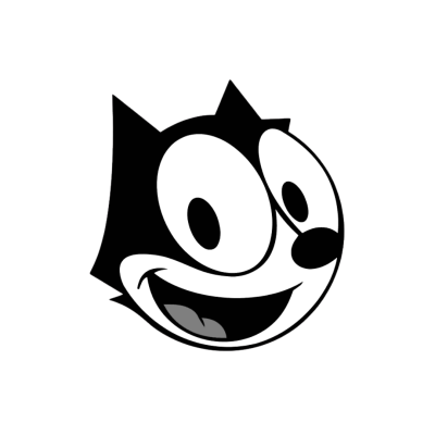 Cabeça estilizada de gato em desenho preto e branco com expressão sorridente