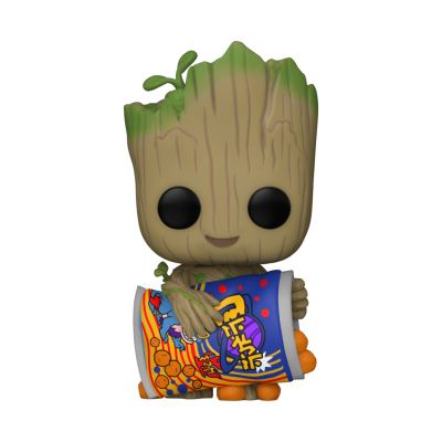 Figura Funko Pop do Groot segurando embalagem colorida com texto asiático.