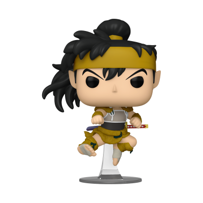 Figura Funko Pop personagem masculino com roupa marrom e amarela e espada