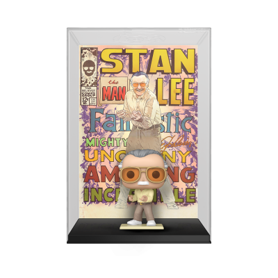 Figura Funko Pop de Stan Lee em caixa com imagem colorida de fundo e texto STAN LEE