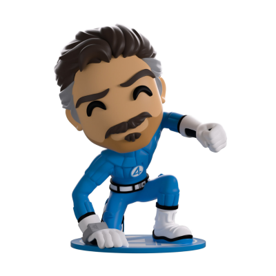 Figura de ação ajoelhada com fato azul e botas brancas.