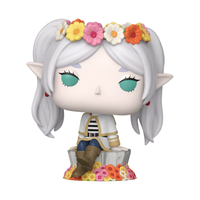 Figura colecionável de elfa com coroa de flores e casaco branco sentada numa base com flores