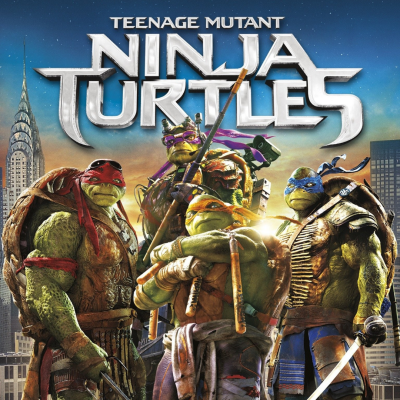 Imagem dos personagens de Teenage Mutant Ninja Turtles com arranha-céus ao fundo
