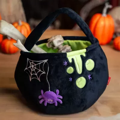 Saco preto de Halloween com decoração de aranha e ossos falsos numa mesa de madeira com abóboras no fundo