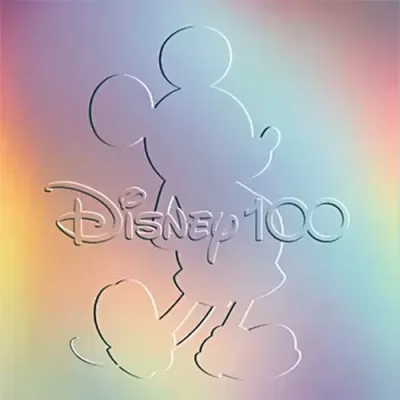 Silhueta de Mickey Mouse com texto Disney 100 em fundo iridescente