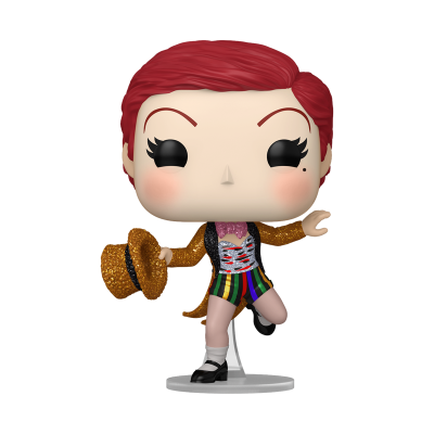 Figura Funko Pop de personagem com cabelo vermelho e roupa colorida a dançar