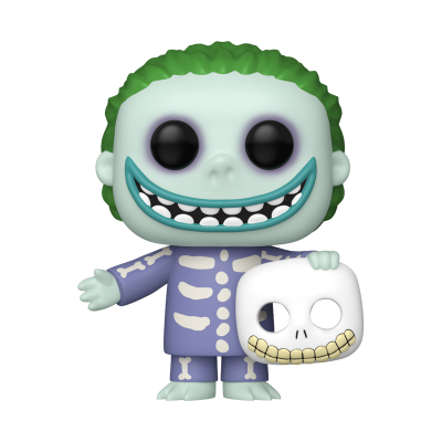 Figura Funko Pop com rosto verde claro, cabelo verde e pijama com padrão de ossos, segurando máscara de caveira