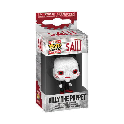 Chaveiro Funko Pop Billy The Puppet da série SAW em caixa branca e vermelha