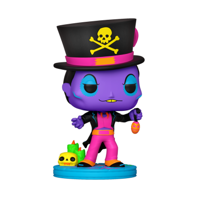 Figura colecionável roxa com chapéu preto de caveira e fato colorido