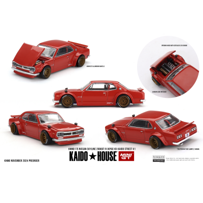 Miniatura de Nissan Skyline 2000GT-R vermelho com capô aberto e rodas douradas