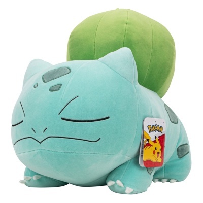 Pelúcia do Pokémon Bulbasaur em azul claro e verde com etiqueta Pokémon