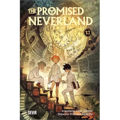 Capa da banda desenhada THE PROMISED NEVERLAND nº 13 com três jovens e tema de relógios e livros
