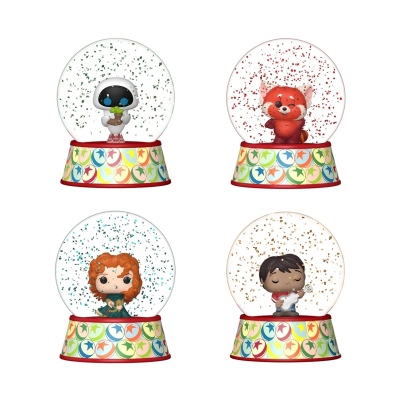 Quatro globos de neve com figuras coloridas no interior e bases decoradas com círculos e estrelas