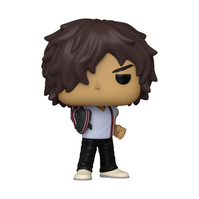 Figura de vinil colecionável tipo Funko Pop com cabelo castanho escuro e camiseta branca