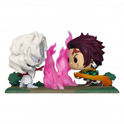 Figura Funko Pop com duas personagens de anime, uma com cabelo branco e outra com cabelo castanho, com chamas rosa entre elas.