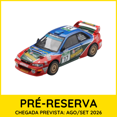 Miniatura de carrinho de corrida Subaru com cores azul, vermelho e verde e rotulado