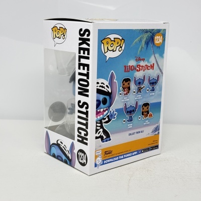 Caixa Funko Pop! Stitch Skeleton Lilo & Stitch número 1234 com fundo azul