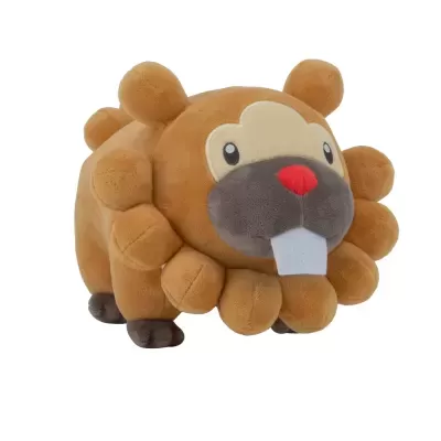 Peluche leão castanho com focinho cinzento e nariz vermelho