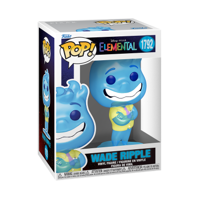 Figura Funko Pop! Wade Ripple azul com camisa amarela e gravata roxa na caixa
