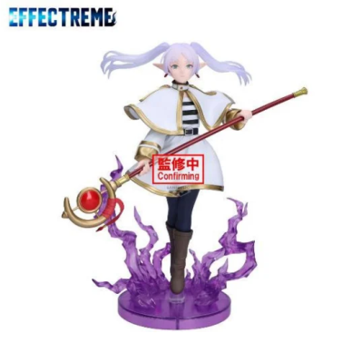 Figura colecionável de personagem feminina com cajado e base roxa fumegante
