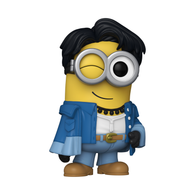 Figura colecionável do Minion vestido com jaqueta azul e cabelo preto estilizado