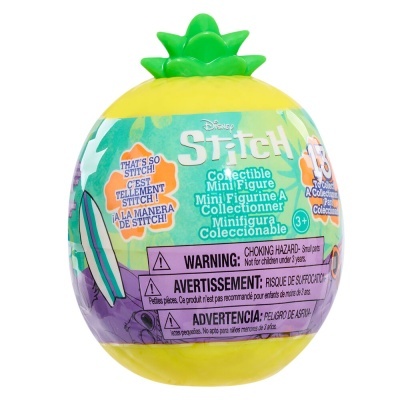 Frasco ananás Disney Stitch com rótulo colorido e texto de advertência