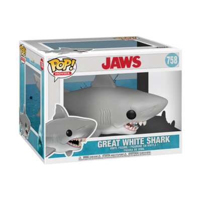 Figurinha Pop! Movies de vinil do tubarão branco do filme Jaws na caixa