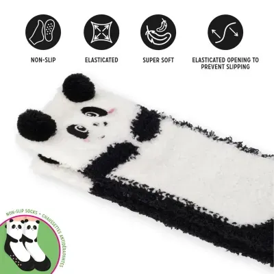 Meias felpudas brancas e pretas com padrão de panda e orelhas texturizadas
