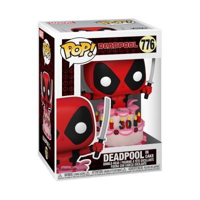Figura Funko Pop Deadpool com bolo de aniversário número 30 em caixa