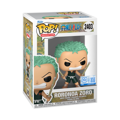 Funko Pop! Animation Roronoa Zoro com cabelo verde e três espadas na embalagem com janela