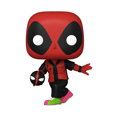 Funko Pop do Deadpool com camisa vermelha e preta, calças pretas e ténis coloridos, segurando máscara