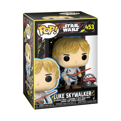 Boneco Luke Skywalker Funko Pop! na embalagem preta com detalhes amarelos e etiqueta Special Edition.