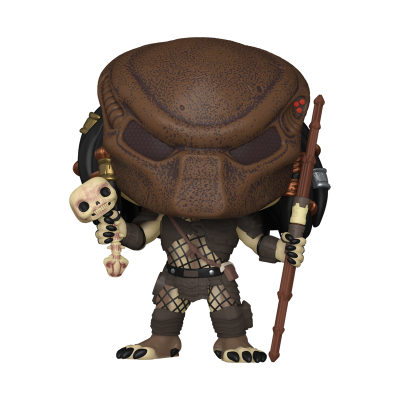 Figura Funko Pop da criatura Predator com capacete castanho, roupa preta e segurando bastão e crânio.