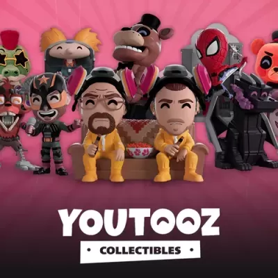 Figuras colecionáveis de personagens sobre fundo rosa com texto YOUTOOZ COLLECTIBLES