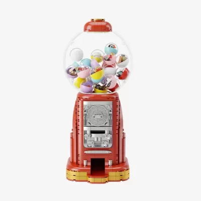 Máquina de bolas de cápsulas coloridas em Lego vermelho e dourado