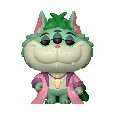 Figura colecionável de gato verde com roupão rosa e gravata amarela