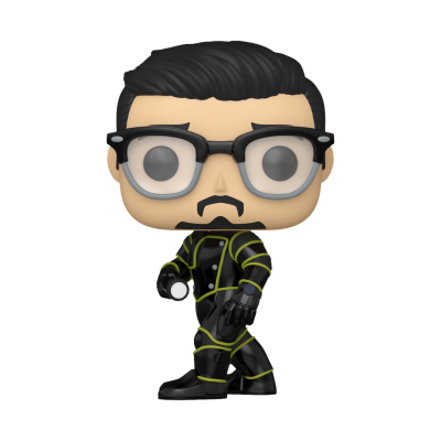 Figura colecionável estilo Funko Pop com fato preto e linhas amarelas, óculos pretos e lanterna.
