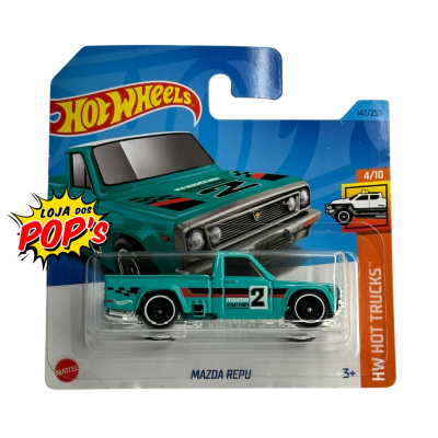Miniatura Hot Wheels Mazda Repu verde com número 2 na embalagem