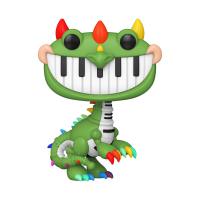 Figura colecionável de dinossauro verde com teclas de piano no sorriso e no corpo, garras coloridas e espinhos diversificados.