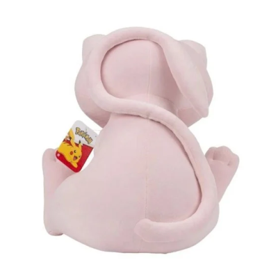 Pelúcia rosa claro de costas com etiqueta Pokémon e Pikachu