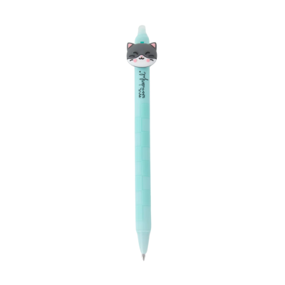 Caneta azul clara com cabeça de gato decorativa