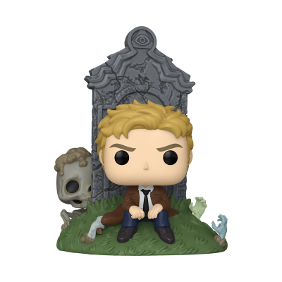 Figura Funko Pop personagem cabelos louros casaco castanho sentado relva lápide cinzenta esqueleto