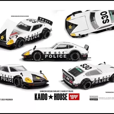 Modelos de carros Nissan Fairlady Z polícia em miniatura branco e preto com texto e números sobre fundo branco