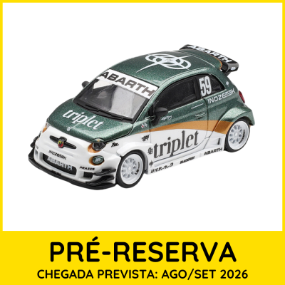 Miniatura de carro de corrida Abarth verde escuro, branco e dourado com jantes brancas e número 59
